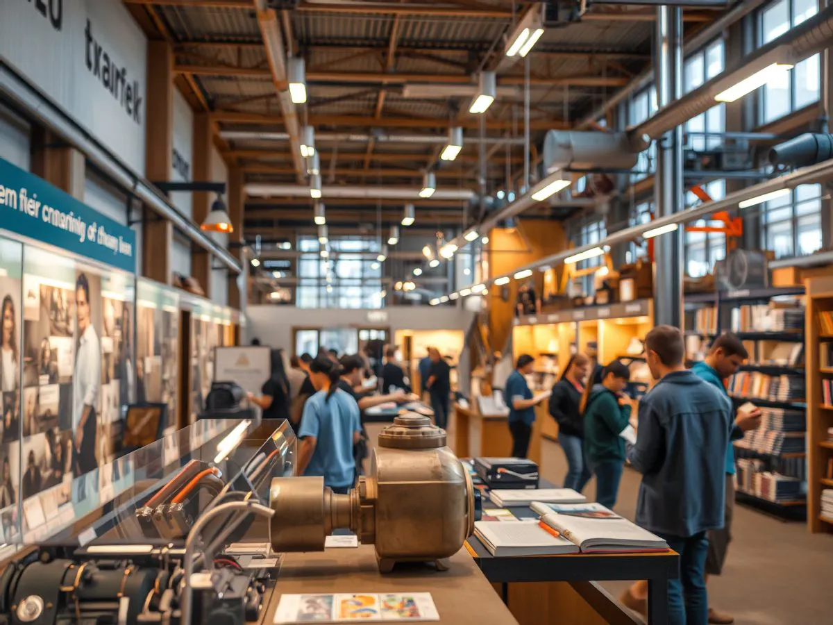 文创园区内部空间，包含展览厅、阅读区和文创商店，访客正在参观和阅读