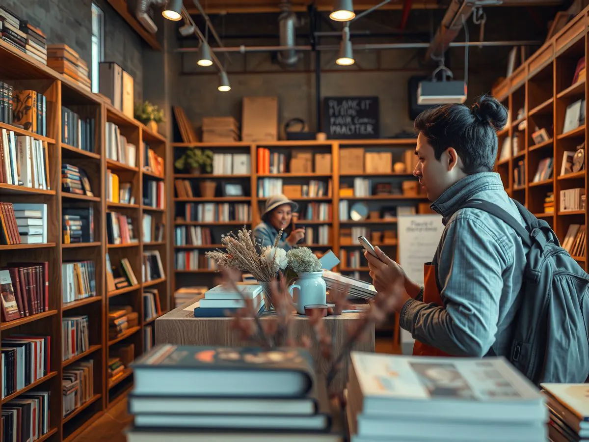 书店空间内景，展示新季度展陈主题，顾客在浏览