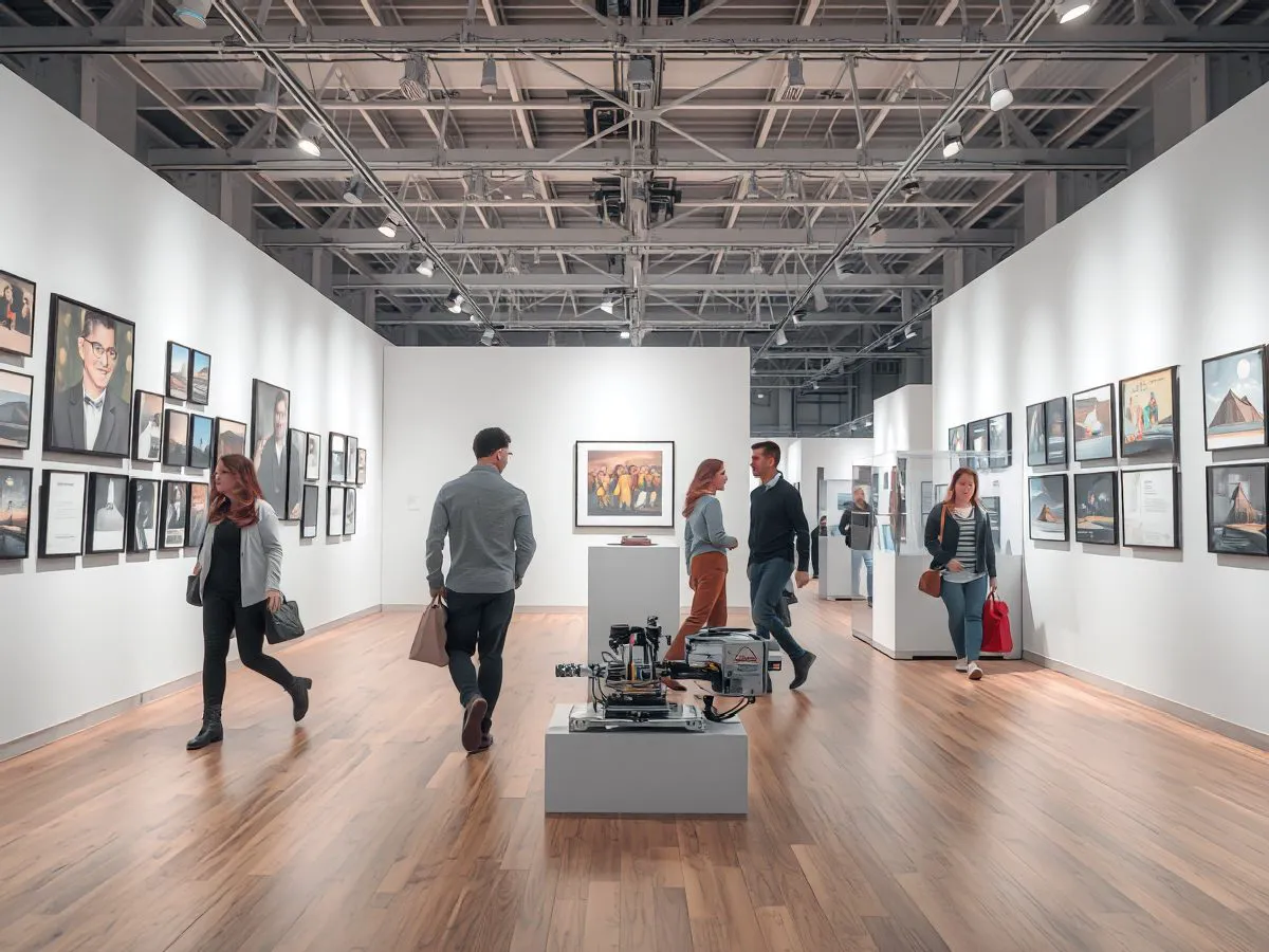 展览活动现场，展示艺术展品与观众互动