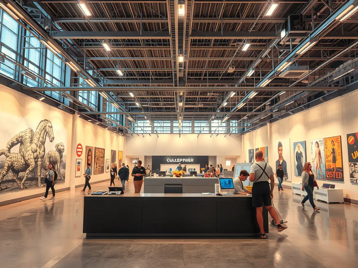 文化空间展览大厅，展示艺术展览与访客互动场景